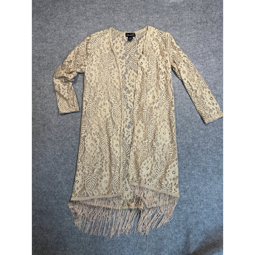 Questions Floral Lace Duster Cardigan Large Beige Fringe Trim Boho Kimono